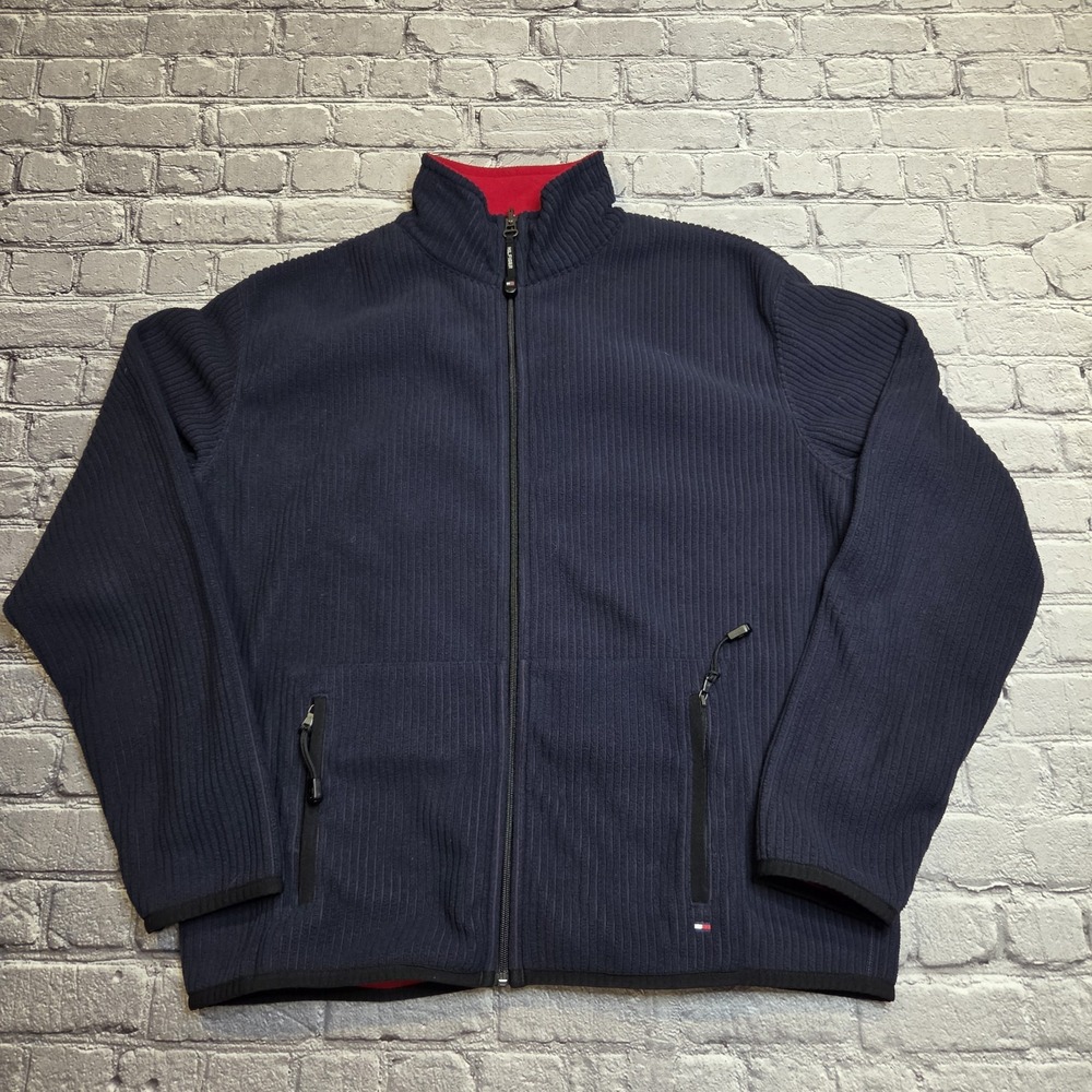 Tommy Hilfiger Fleece Jacket Womens Size XL Reversible Blue Red Ribbed Coat